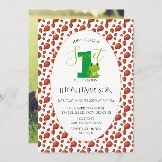 フロージストロベリーファースト誕生日パーティーかわいい 招待状 (正面/裏面)