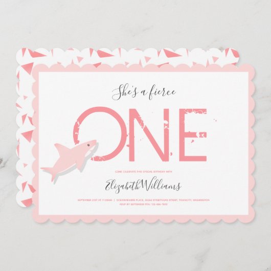 フローティア·ワン·ピンク·サメ·アニマル·ファースト·誕生日 招待状 (正面/裏面)