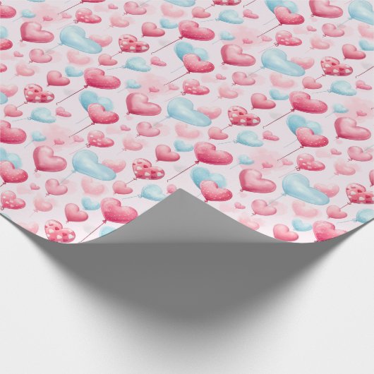 フローティングなピンクとブルーのハートバルーン ラッピングペーパー (角)