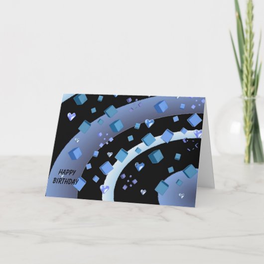 フローティングハートとキューブ誕生日 カード (正面)