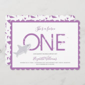 フローティーワンパープルサメ動物ファースト誕生日インビ 招待状 (正面/裏面)