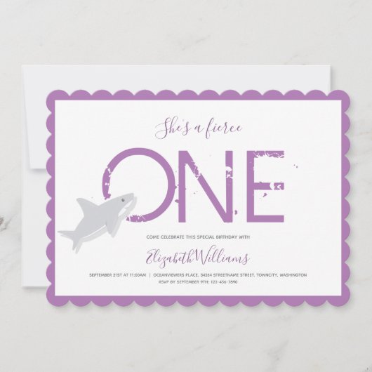 フローティーワンパープルサメ動物ファースト誕生日インビ 招待状 (正面)