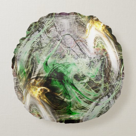 フローティ素朴ンググリーンとイエローインクの下のテクスチャ ラウンドクッション (正面)