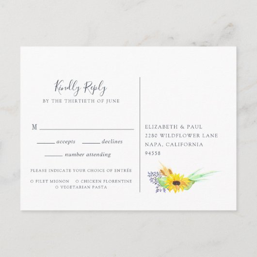 フローフィールドRSVPポストカード（食事の選択あり） インビテーションポストカード (裏面)