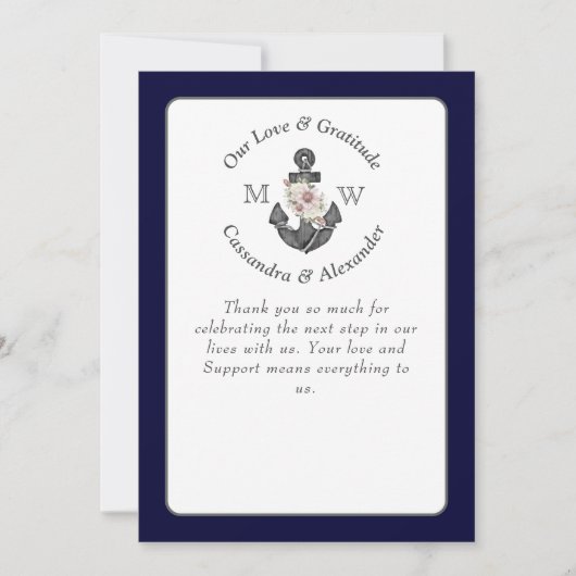 フローラいかりとロープビーチ結婚式ネイビーブルー サンキューカード (正面)