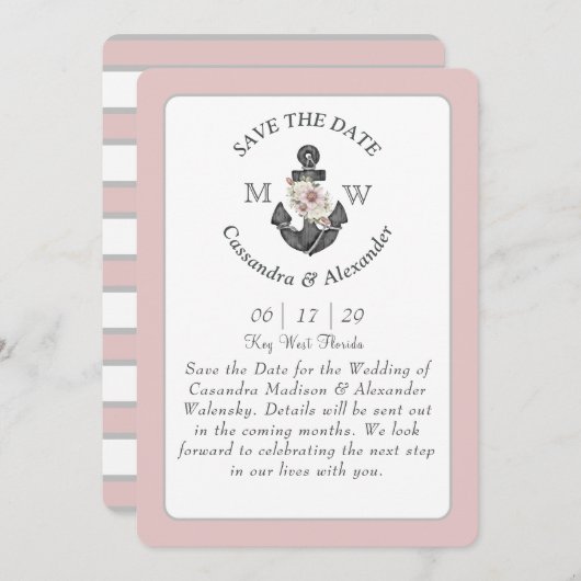 フローラいかりネイビーブルー航海のピ結婚ンクのInv 招待状 (正面/裏面)