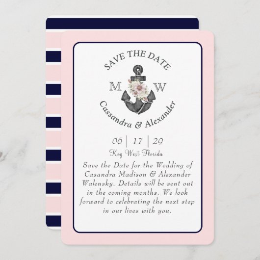 フローラいかりネイビーブルー航海のピ結婚ンク 招待状 (正面/裏面)