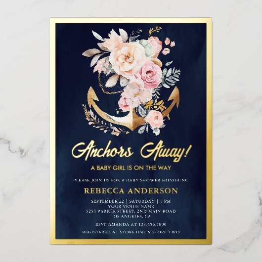 フローラいかり航海のガールベイビーシャワーネイビー金ゴールド 箔招待状 (正面)