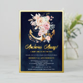 フローラいかり航海のガールベイビーシャワーネイビー金ゴールド 箔招待状 (立ち正面)