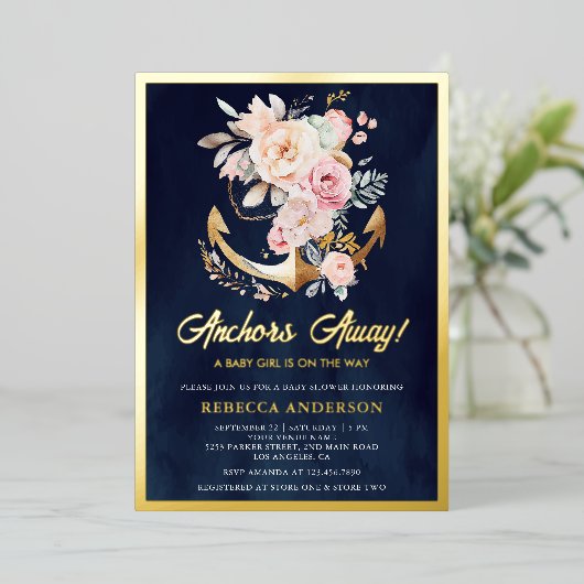 フローラいかり航海のガールベイビーシャワーネイビー金ゴールド 箔招待状