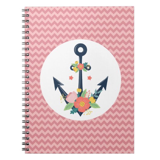 フローラいかり航海のフェイスネイビー&コーラルシェブロン ノートブック (正面)