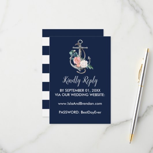 フローラいかり |ネイビーサマーウェブサイトRSVPカード 出欠カード (正面/裏面インサイチュ)