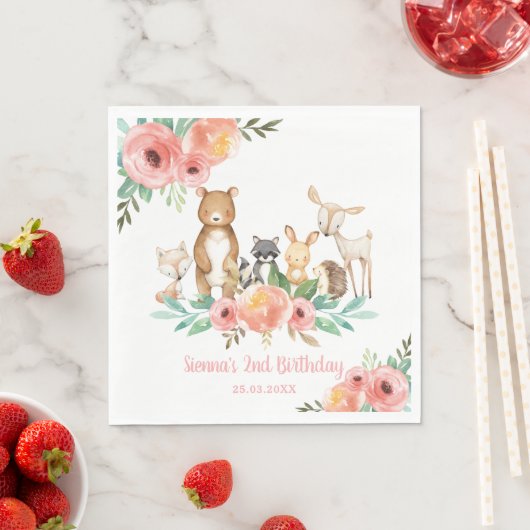 フローラお洒落ウッドランド動物1歳の誕生日 スタンダードランチョンナプキン (インサイチュ)