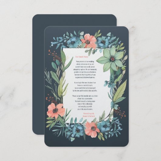 フローラお洒落サーモンブルーグリーン結婚ズ サンキューカード (正面/裏面)