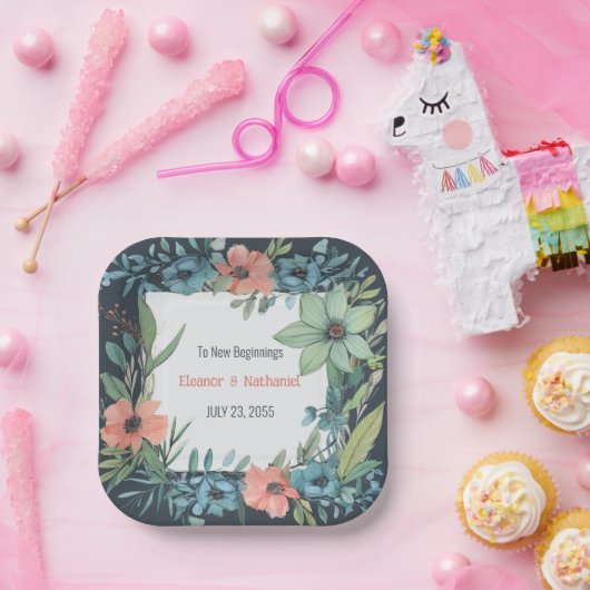 フローラお洒落サーモンブルーグリーン結婚ズ ペーパープレート (パーティー)