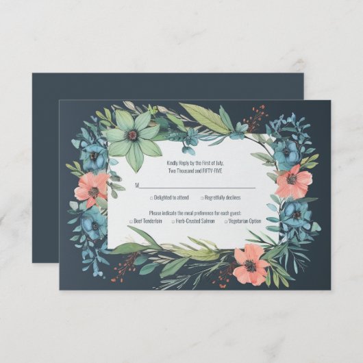 フローラお洒落サーモンブルーグリーン結婚ズ 出欠カード (正面/裏面)