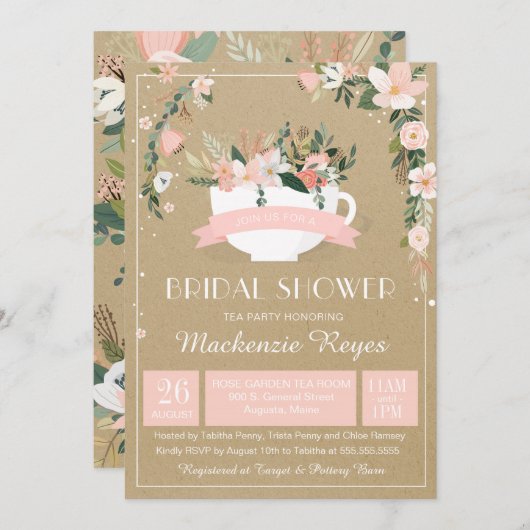 フローラお洒落ティーカップブライダルシャワー 招待状 (正面/裏面)