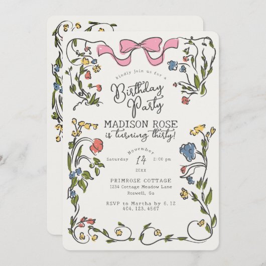 フローラお洒落ドードルバースデーパーティー招待状 (正面/裏面)