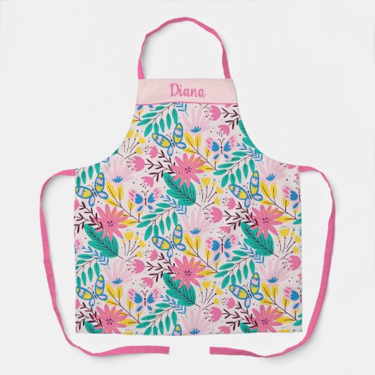 フローラお洒落バタフライピンク自然デザイン エプロン (正面)