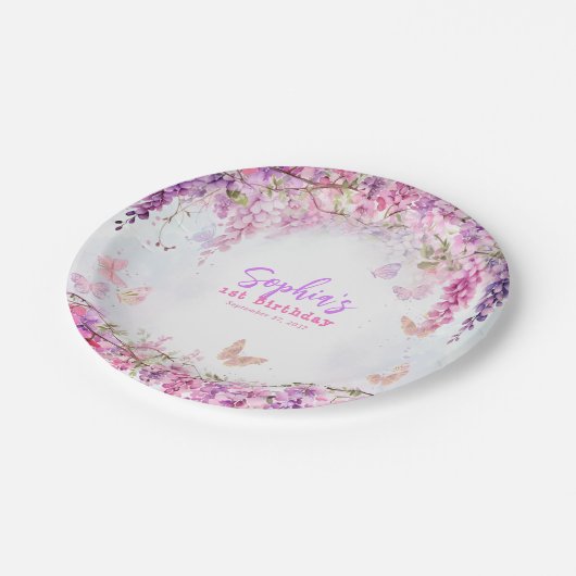 フローラお洒落フジテリアバタフライ子供の誕生日 ペーパープレート (アングル)