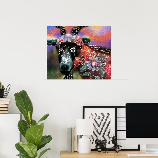 フローラお洒落ヤギ農場動物フローラ桃 ポスター (ホームオフィス)