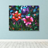 フローラお洒落紫色の青ピンクの花 キャンバスプリント (インサイチュ (ウッドフロア))