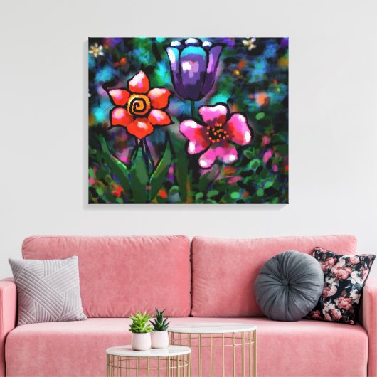 フローラお洒落紫色の青ピンクの花 キャンバスプリント (インサイチュ (リビング))