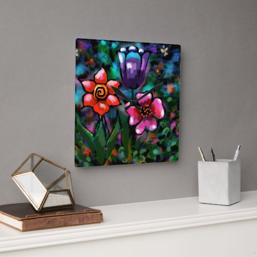 フローラお洒落紫色の青ピンクの花 スクエア壁時計 (オフィス)