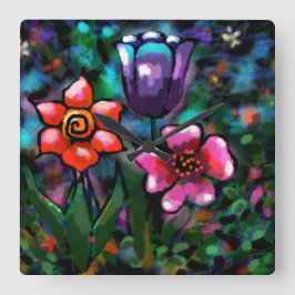 フローラお洒落紫色の青ピンクの花 スクエア壁時計