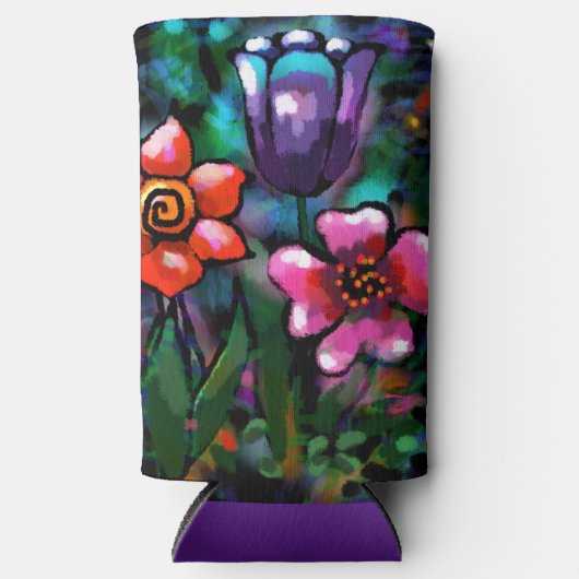 フローラお洒落紫色の青ピンクの花 スリム缶クーラー (正面)