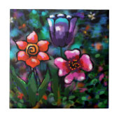 フローラお洒落紫色の青ピンクの花 タイル (正面)