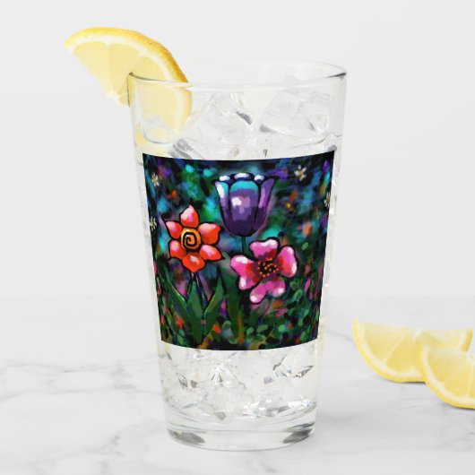 フローラお洒落紫色の青ピンクの花 タンブラーグラス (アイス正面)