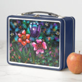 フローラお洒落紫色の青ピンクの花 メタルランチボックス (インサイチュ)