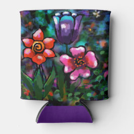 フローラお洒落紫色の青ピンクの花 缶クーラー