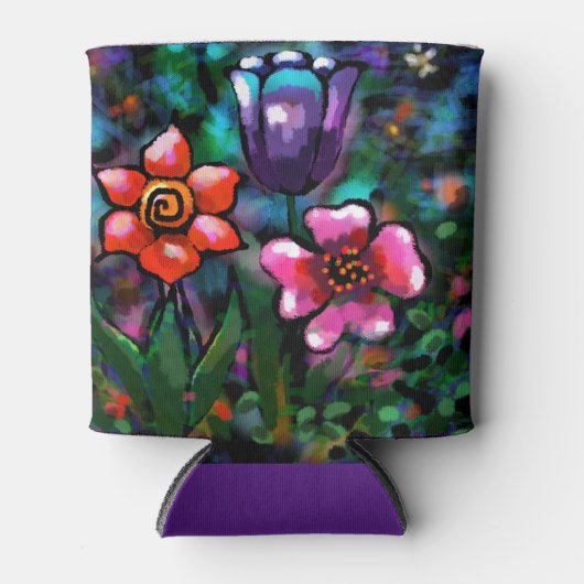 フローラお洒落紫色の青ピンクの花 缶クーラー (正面)