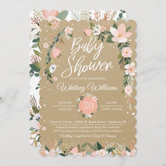 フローラお洒落赤面ピンクホワイトガールベビーシャワー 招待状 (正面/裏面)