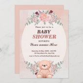 フローラかわいいクマベビーシャワー招待状for Girls 招待状 (正面/裏面)