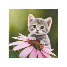 フローラかわいいグレー猫 メタルプリント