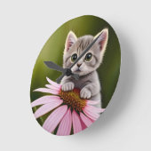フローラかわいいグレー猫 ラウンド壁時計 (傾斜)