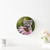 フローラかわいいグレー猫 ラウンド壁時計 (ホーム)