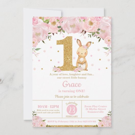 フローラかわいいバニーラビットガール1st誕生日パーティー 招待状 (正面)