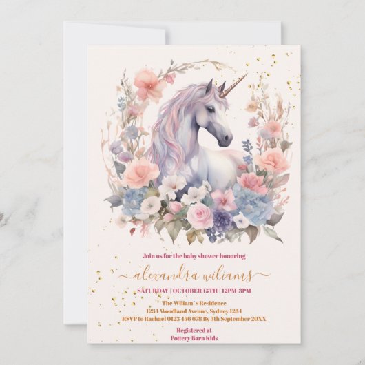 フローラかわいいユニコーン赤ちゃんシャワー 招待状 (正面)