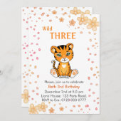 フローラかわいいワイルドスリータイガー3歳の誕生日 招待状 (正面/裏面)
