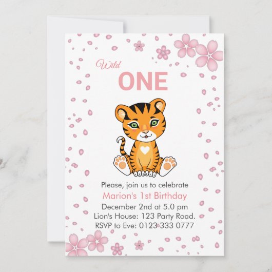 フローラかわいいワイルドワンタイガー1st誕生日招待状 招待状 (正面)