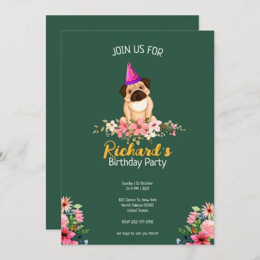 フローラかわいい子犬の子供の誕生日 招待状 (正面/裏面)