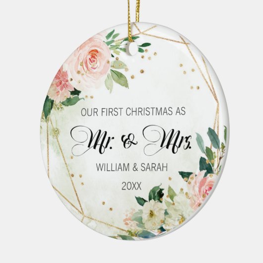 フローラかわいらしと金ゴールドの水彩初めてのクリスマス セラミックオーナメント (左)