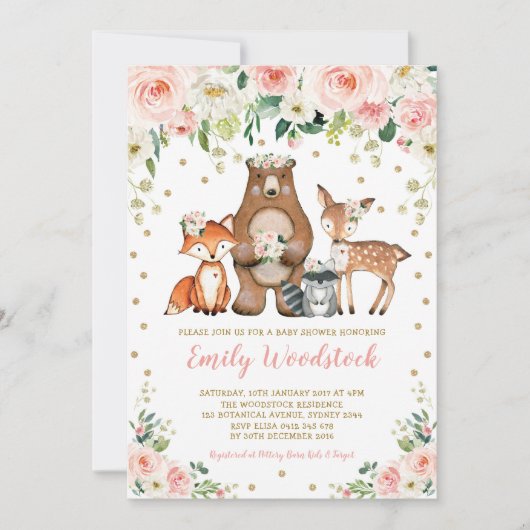 フローラかわいらしウッドランド動物赤ちゃんガールシャワー 招待状 (正面)
