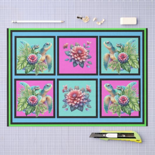 フローラかわいらしウミガメのタイルのパターンのデカップージ 薄葉紙 (クラフト)