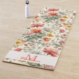 フローラかわいらしオレンジコーラルピンクボホネームモノグラム ヨガマット