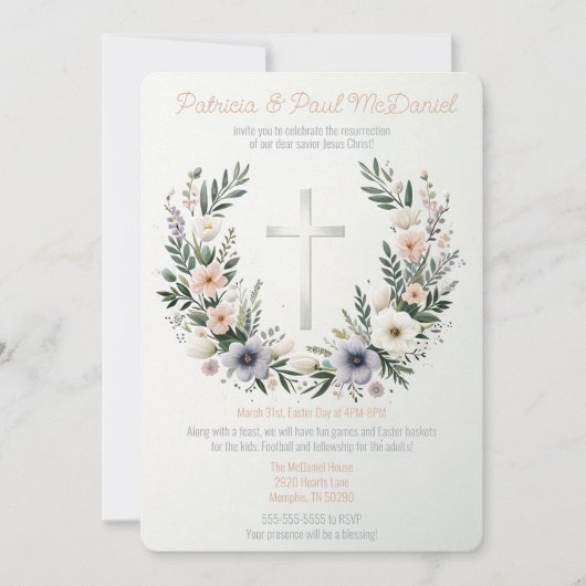 フローラかわいらしキリスト教クロス復活祭パーティー 招待状 (正面)